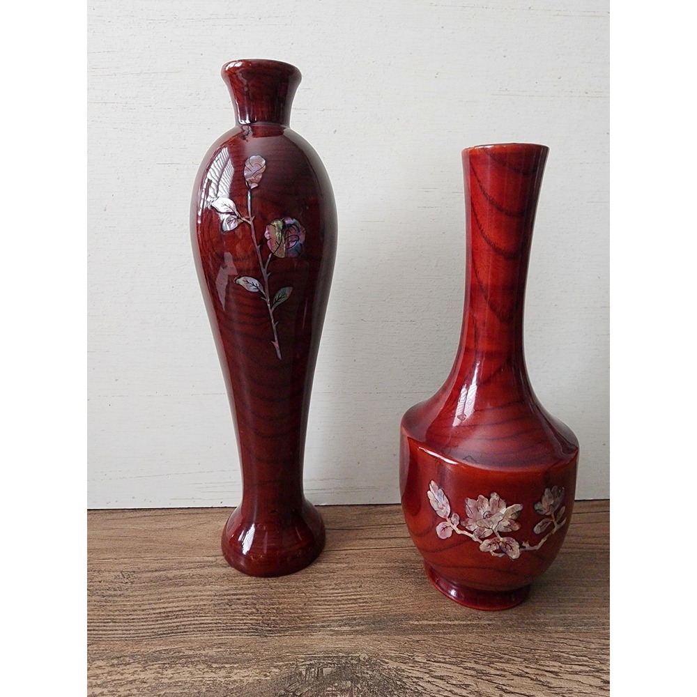 Vintage Asian Red Lacquer Wood Bud Vases Mother of Pearl Inlay 8¼" & 7" Set of 2
